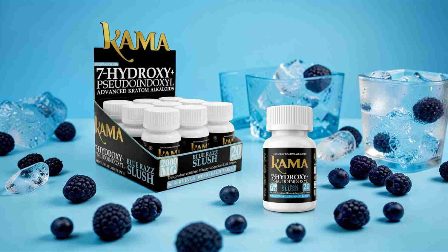 Dietary supplement bottles with ice and berries on a blue background.