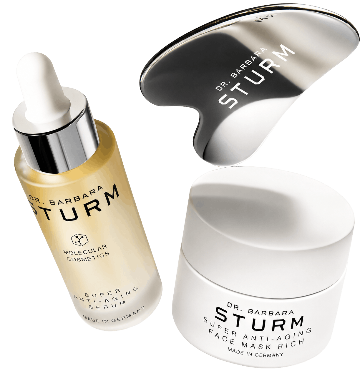 Skincare products by Dr. Barbara Sturm: serum, cream, and gua sha tool.