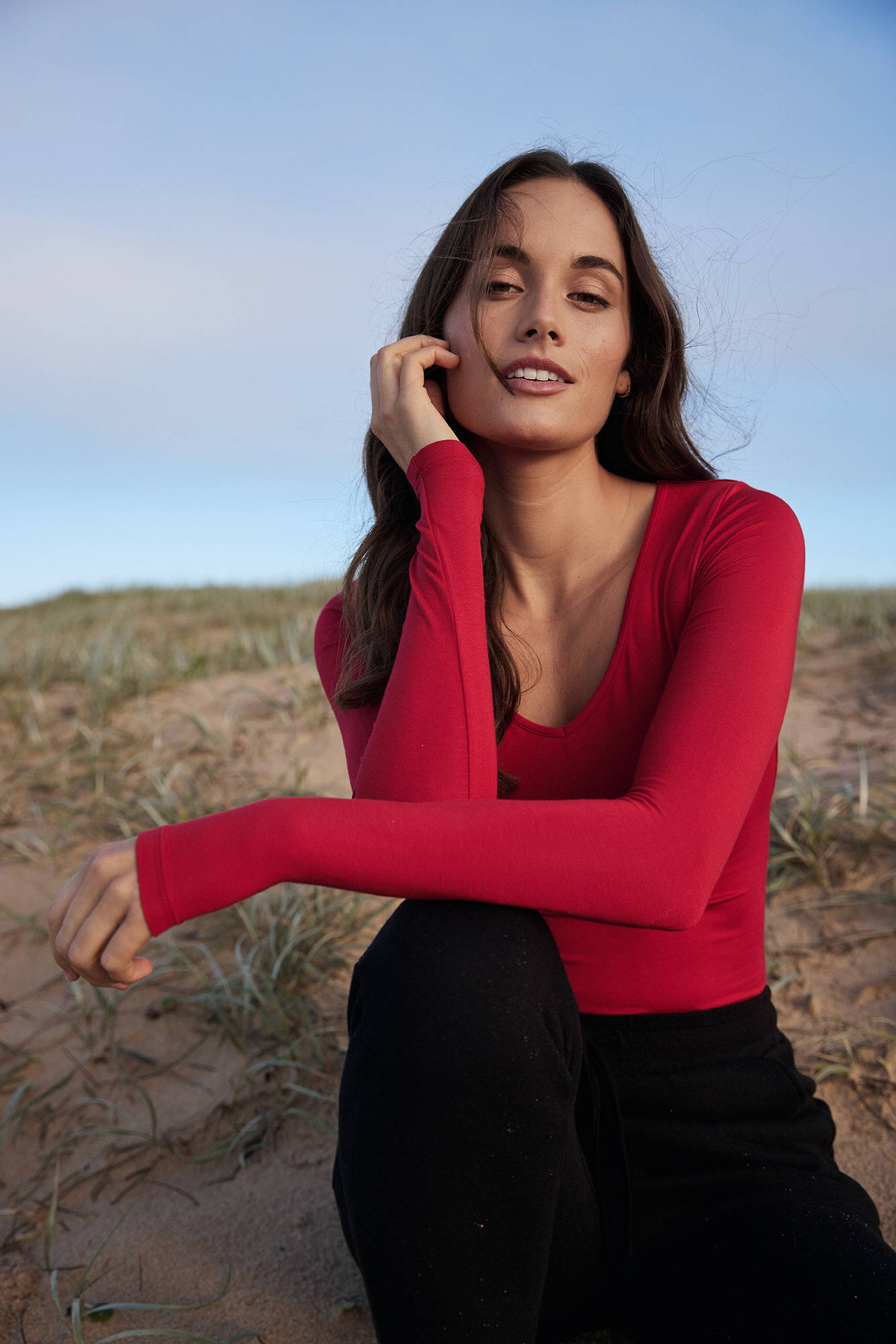 red long sleeve fitted top 