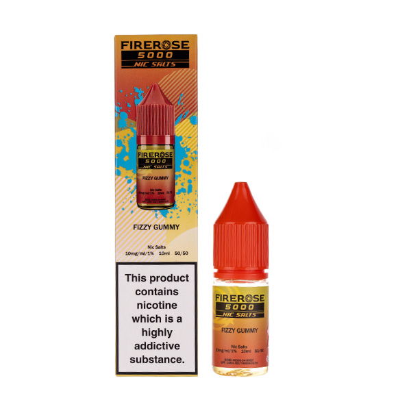 Elux Firerose5000 Fizzy Gummy E-liquid bottle with warning label and colorful packaging design.