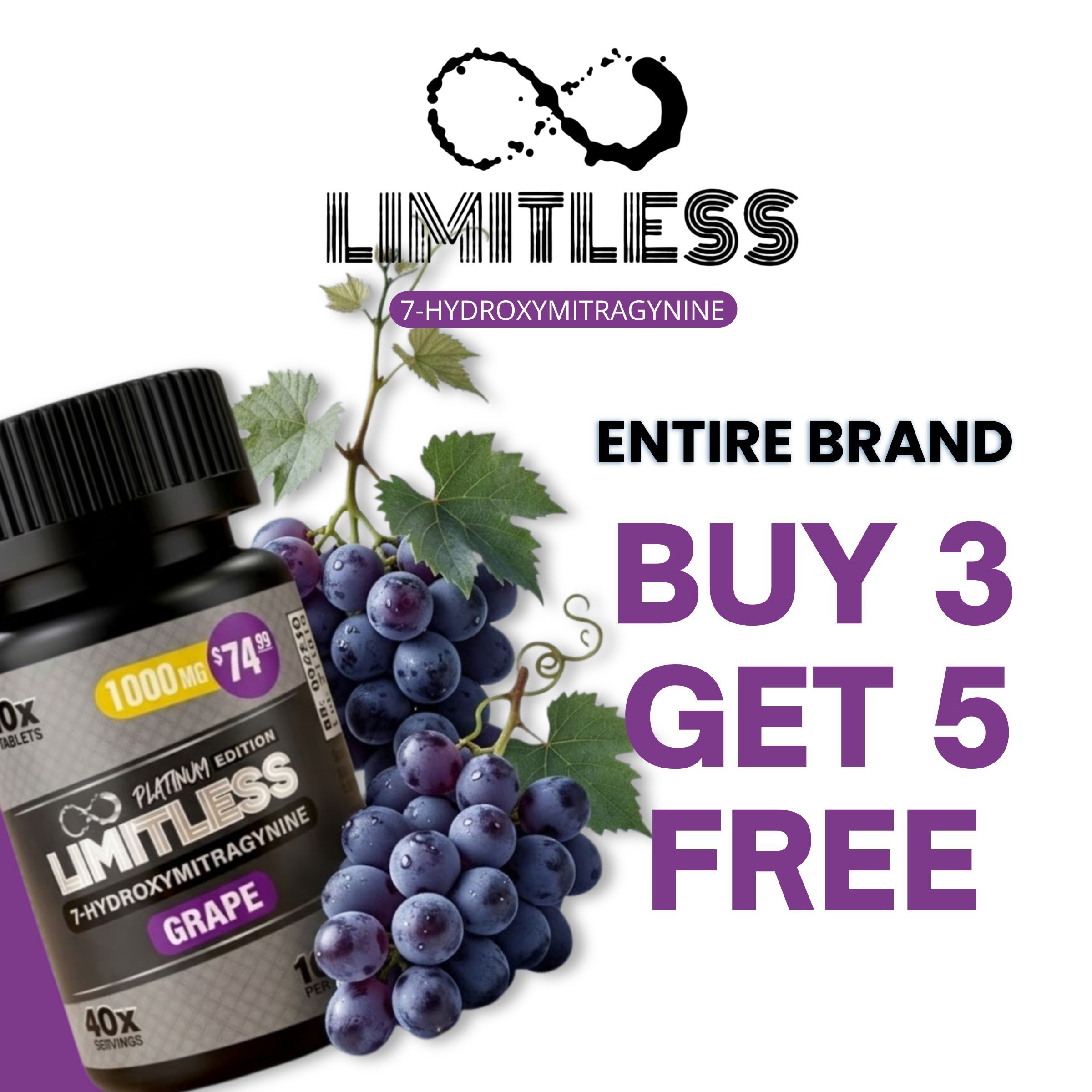 Limitless brand promotion with grape supplement; buy 3, get 5 free offer.