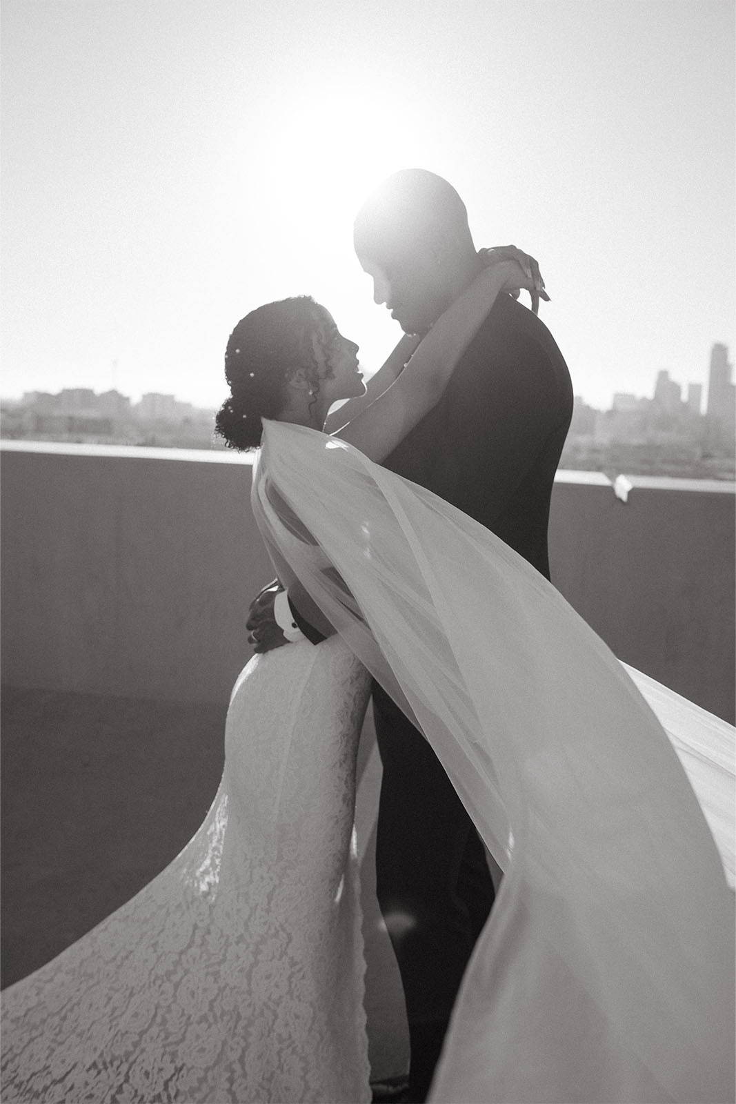 Black and white image of the bride and groom