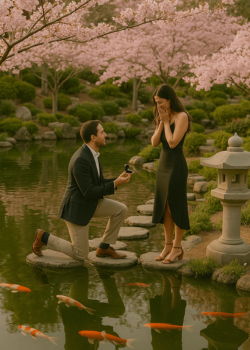 Romantic proposal at Japanese Friendship Garden in Balboa Park with cherry blossoms