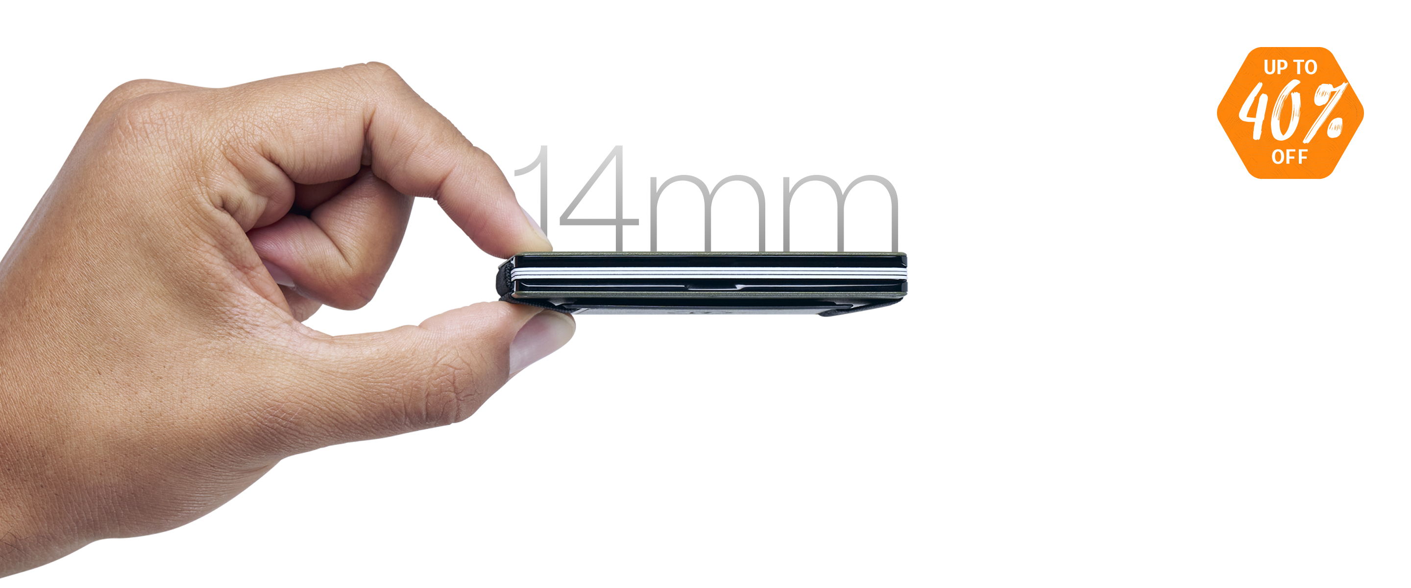 Hand holding a smartphone, highlighting its 14mm thickness.