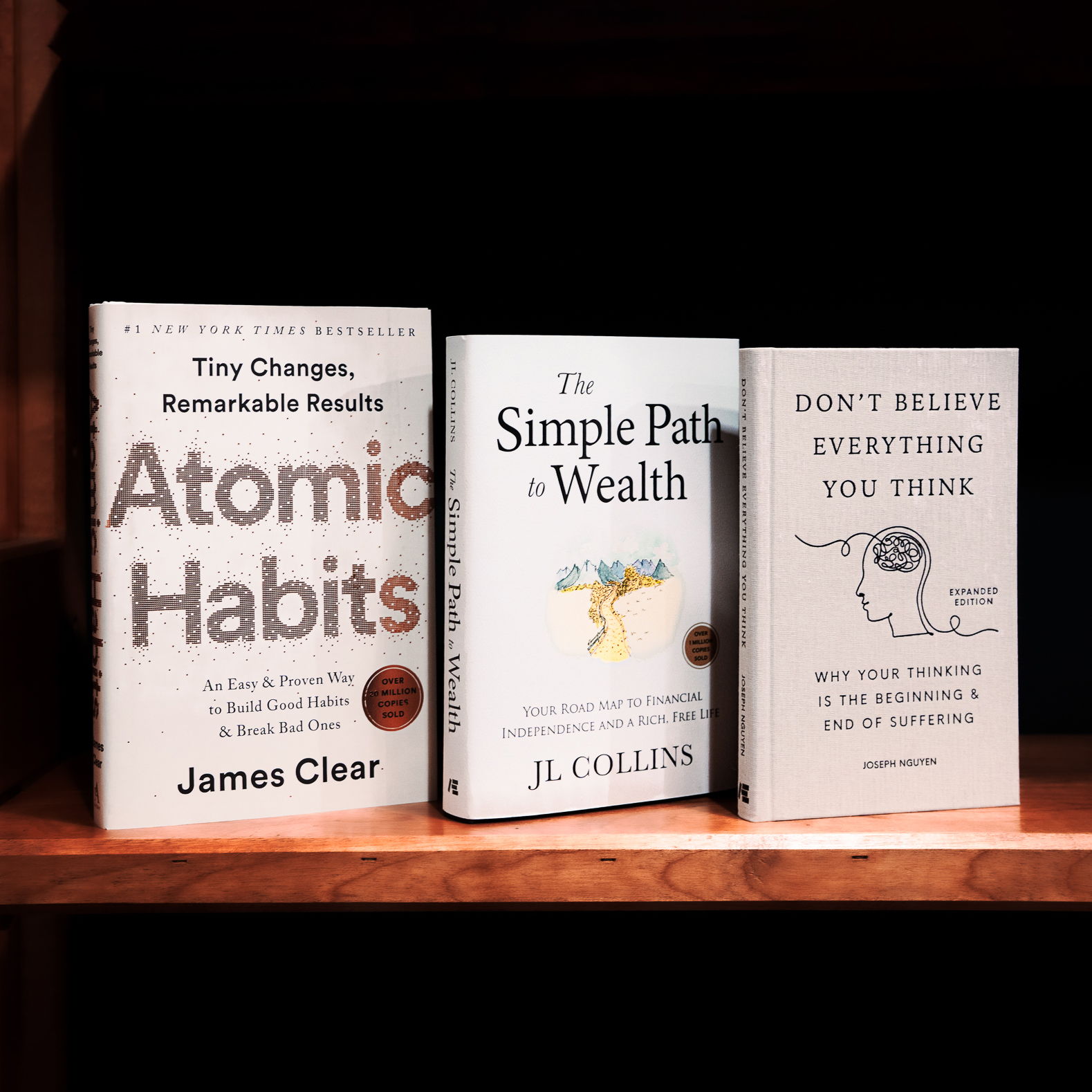 Three books on a shelf: 