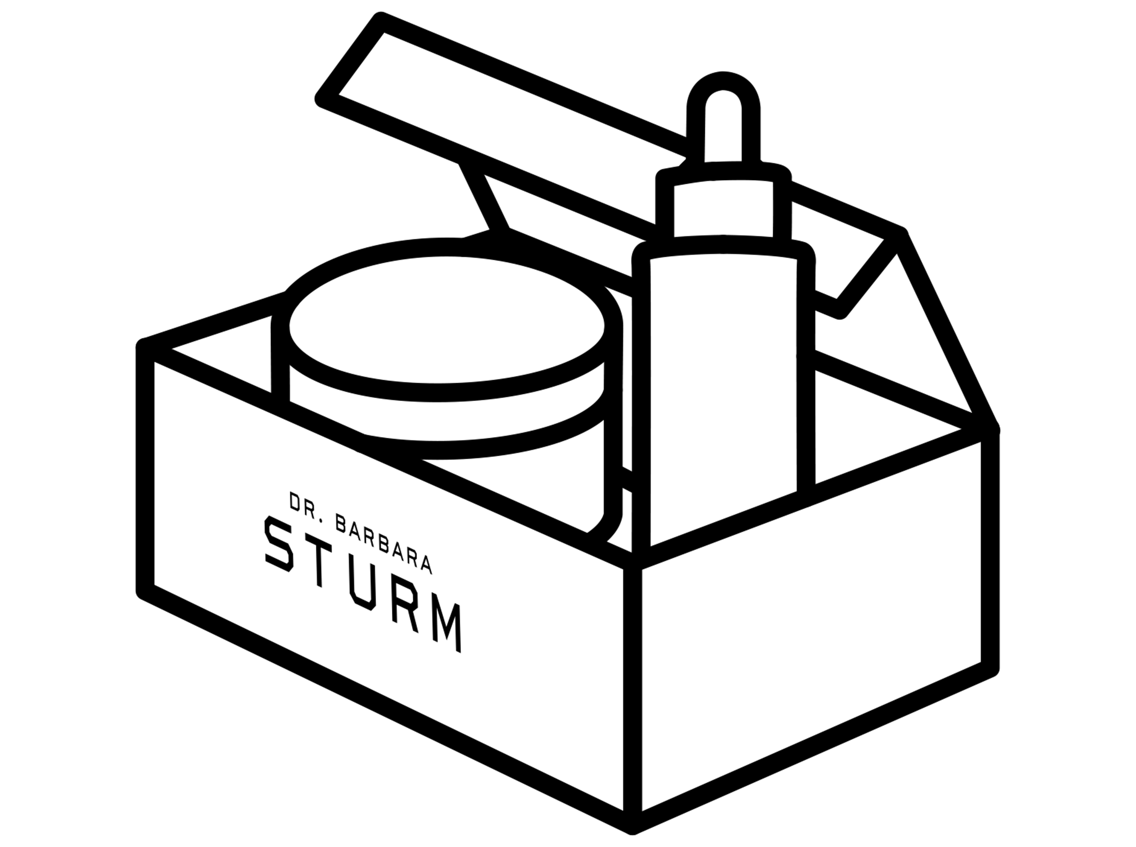A simple black outline of a box with products.