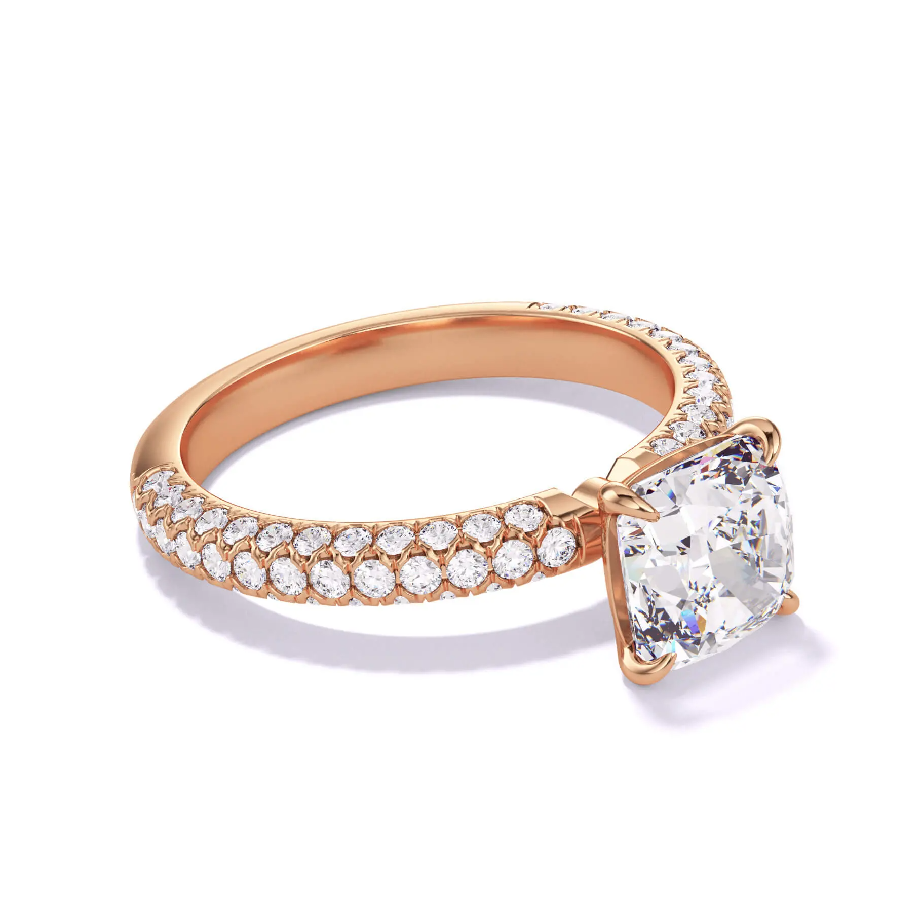 $10,000 diamond engagement ring - cushion cut on a three row pave band in rose gold