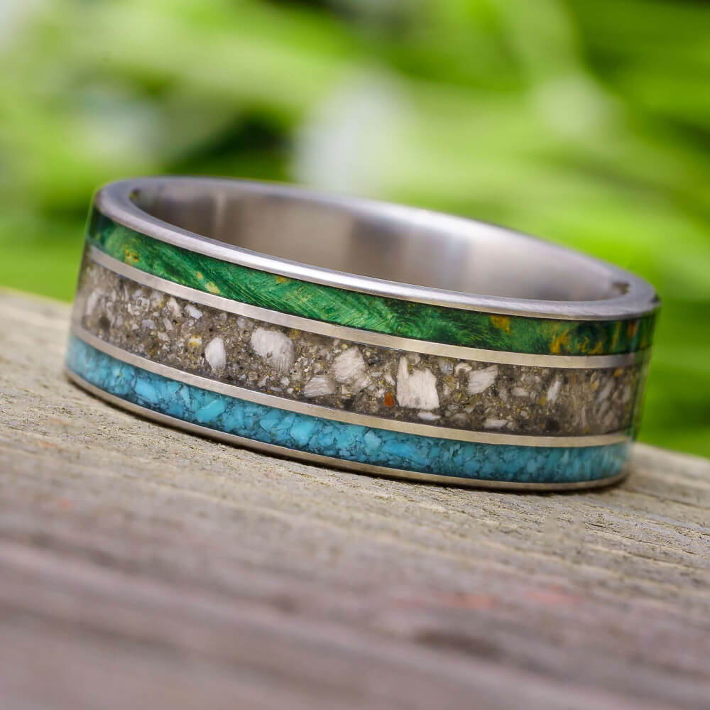 Colorful Memorial Ring with Ashes, Turquoise, and Green Wood