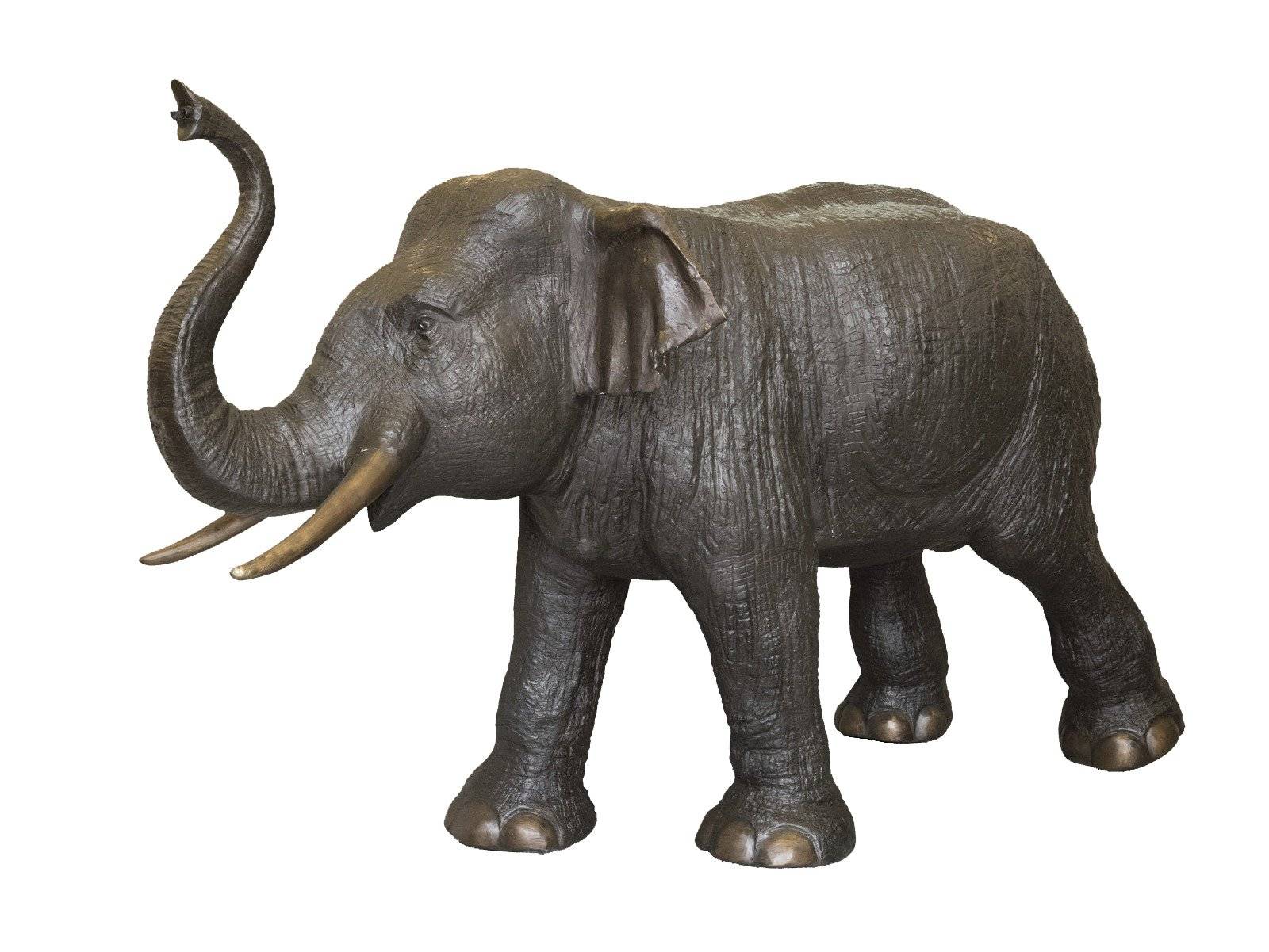Bronze statue of an elephant with trunk up fountain