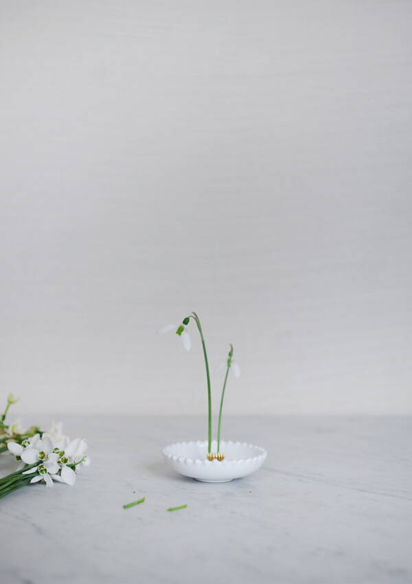 The makings if a garden hellebore flower arrangement using the small Niwaki Kenzan Flower Frog inside a Costa Nova Pearl White small bowl.