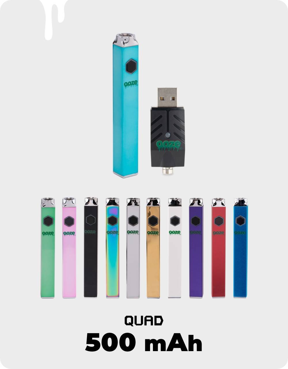 All 11 colors of the Ooze Quad square vape battery are shown. The Arctic Blue pen and charger are on the top, and the bottom says 500 mAh.