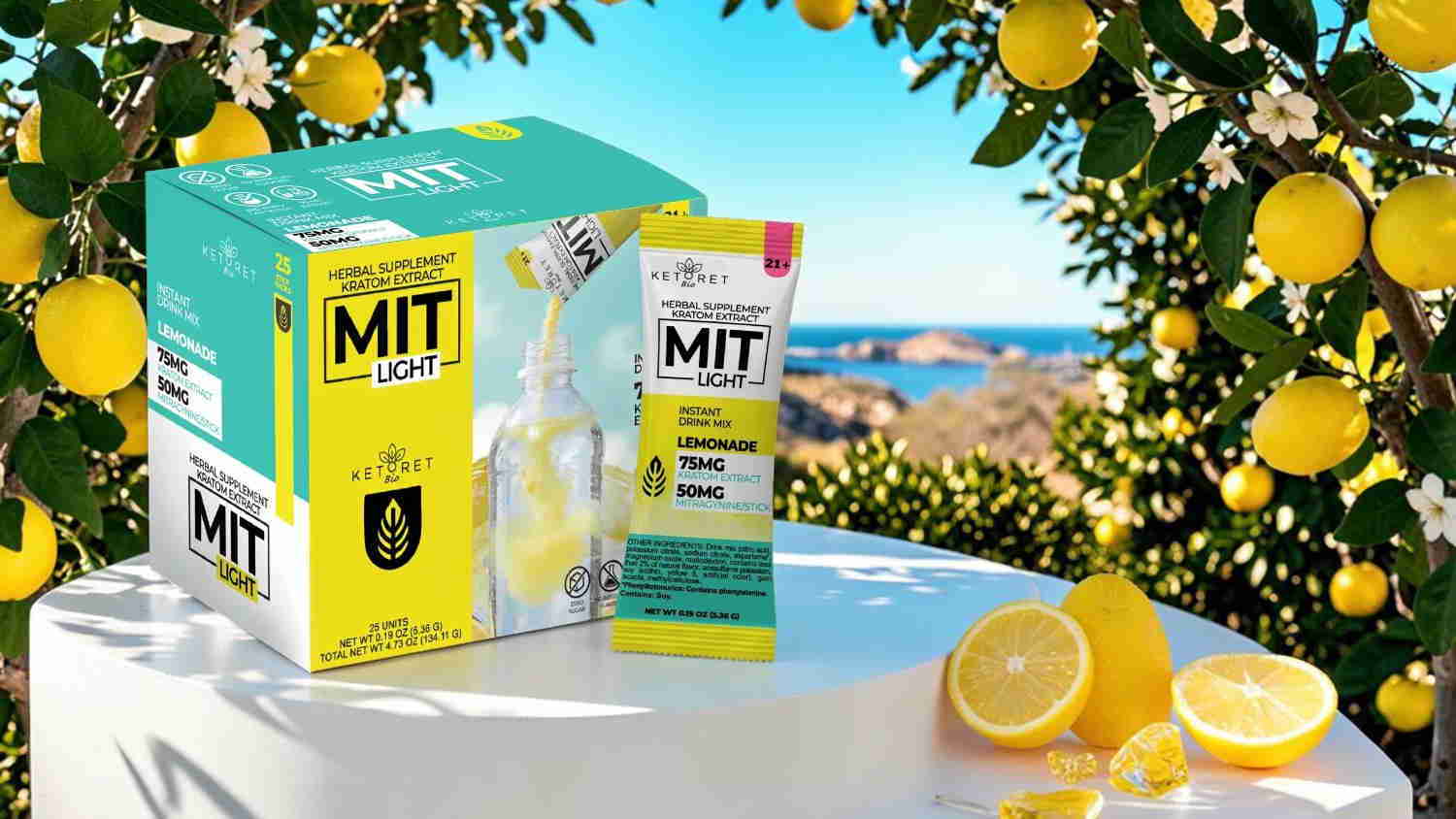 Product packaging with lemons in a sunny, outdoor setting.