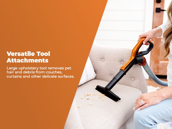 Person using a vacuum cleaner on a couch with text about tool attachments.