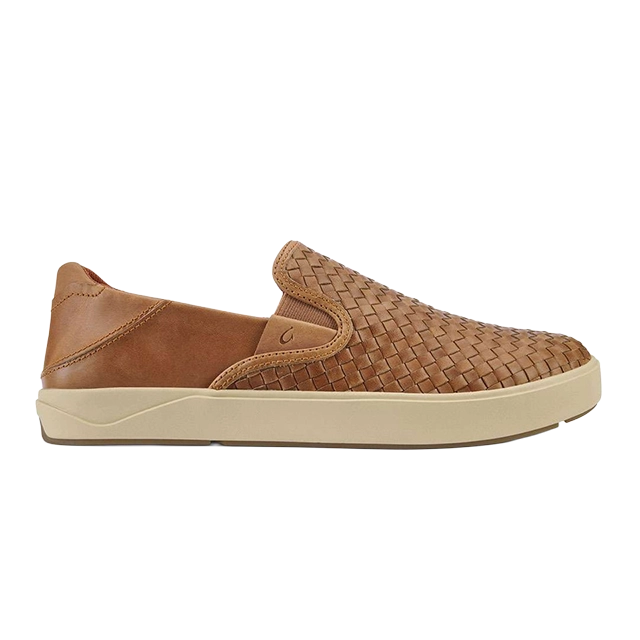 Brown woven slip-on shoes with a beige sole.