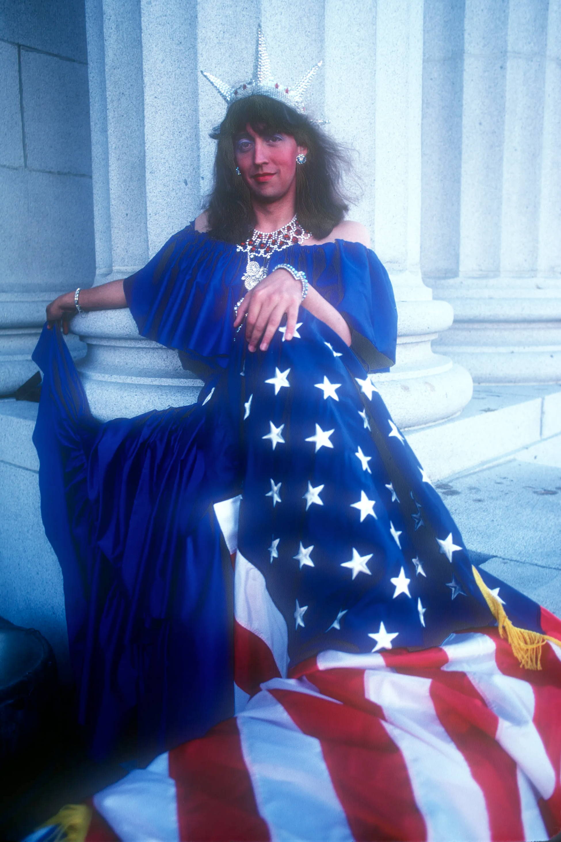 gilbert baker as miss liberty with crown