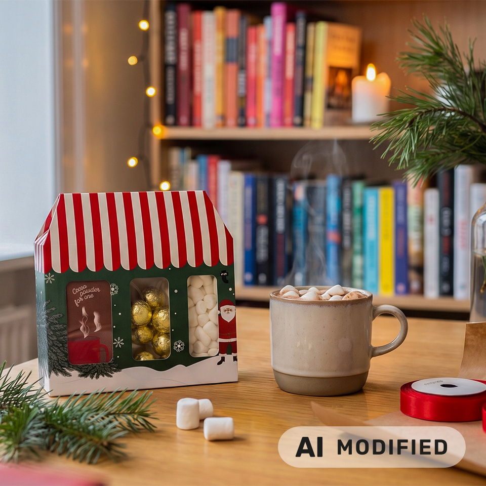 Décorations sur le thème des fêtes avec un tasse de chocolat chaud et de guimauves.