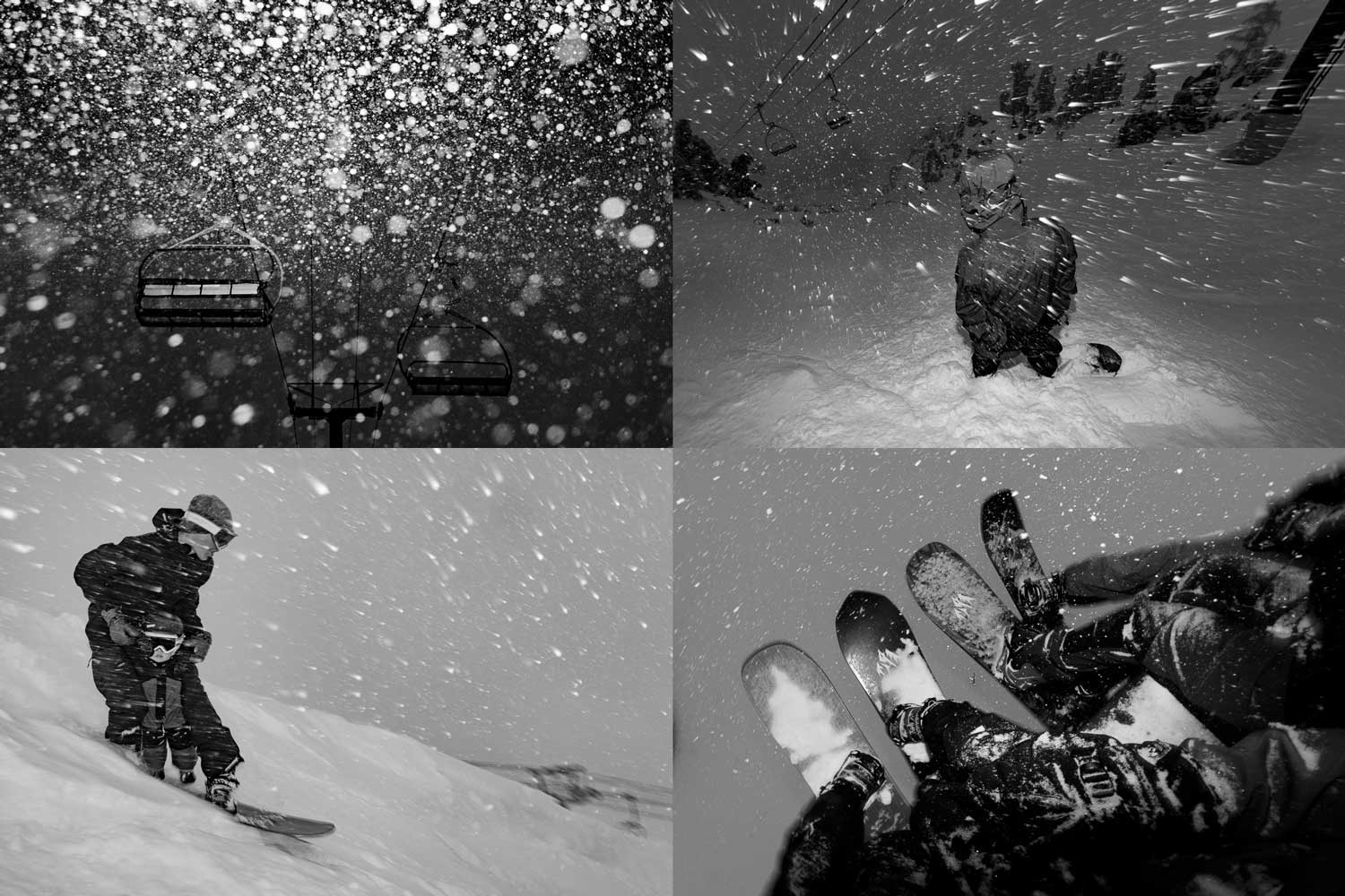 Four black and white images depicting snow activities and winter scenery.