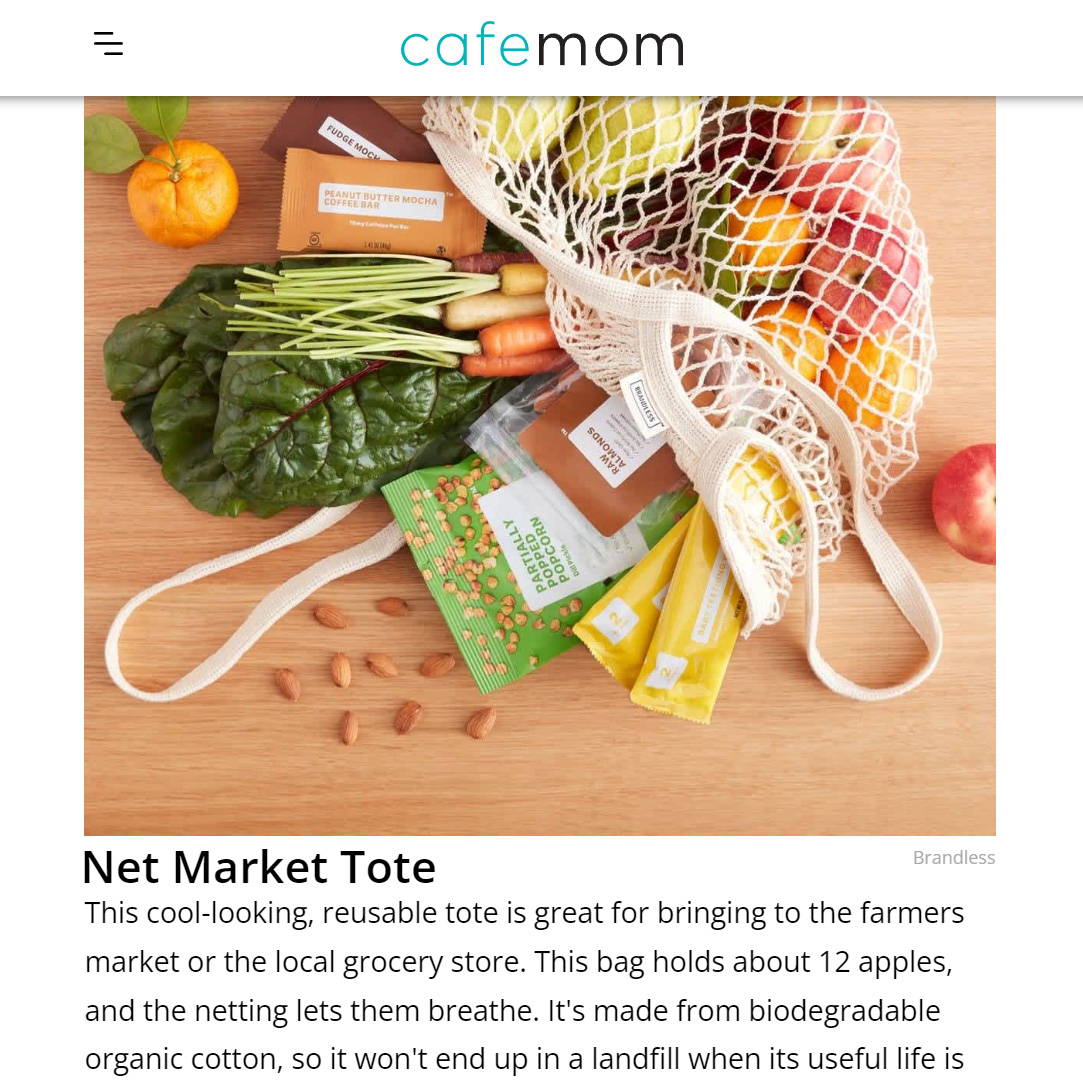 Cluster of fresh veggies and foods in a Brandless net market tote.