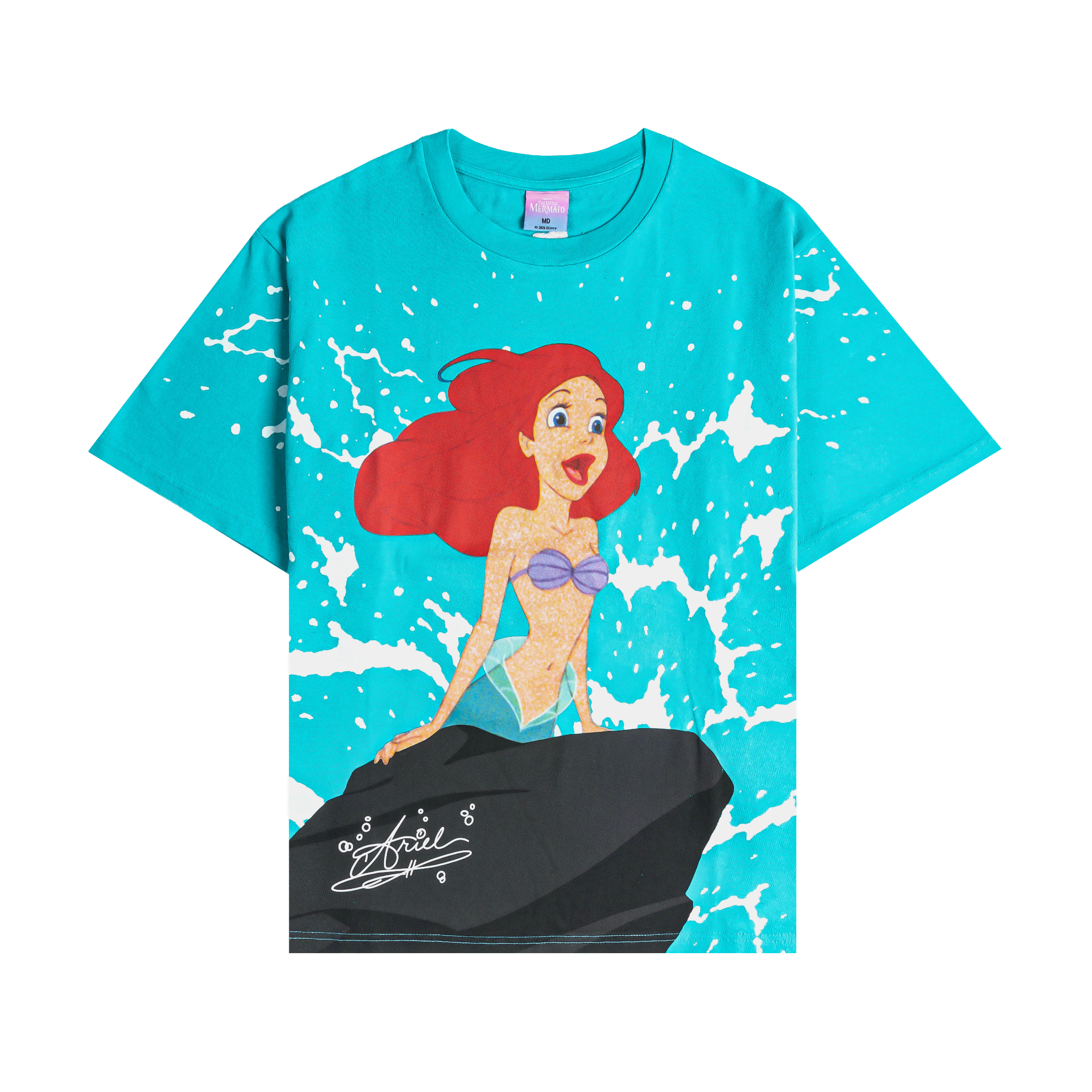 Aqua t-shirt featuring a mermaid design with waves.