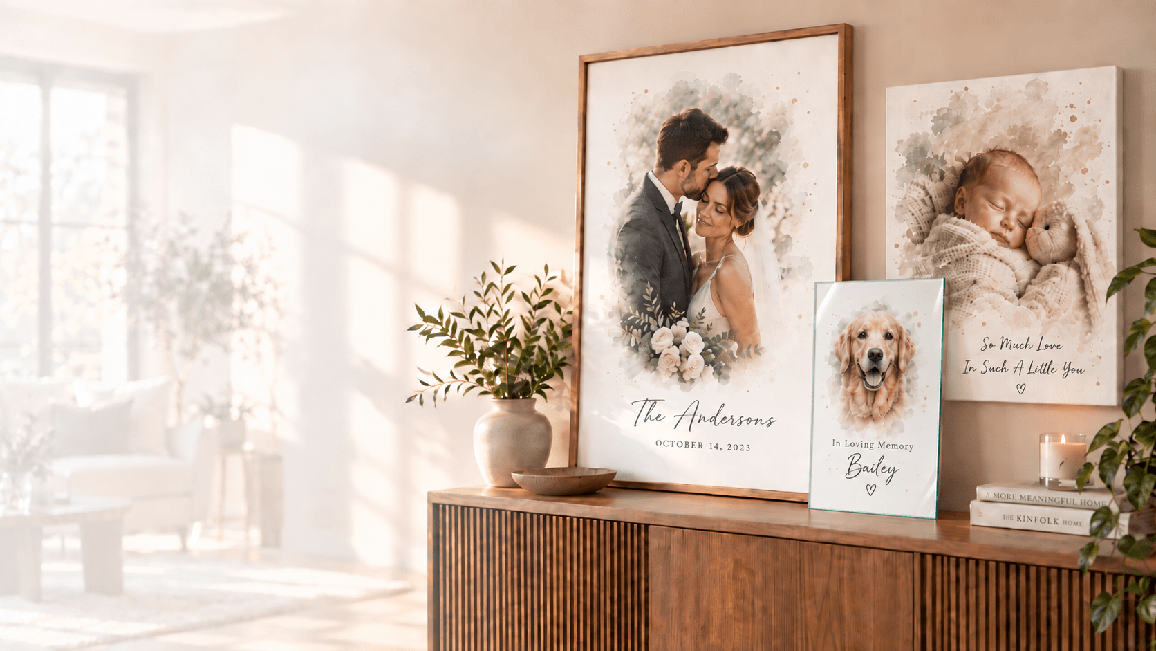 Decorative wall art in a bright, cozy living room setting.