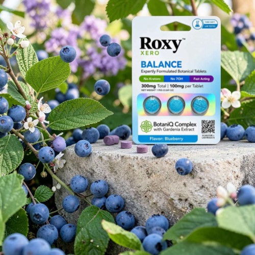 Roxy Balance supplement package surrounded by blueberries and green leaves.