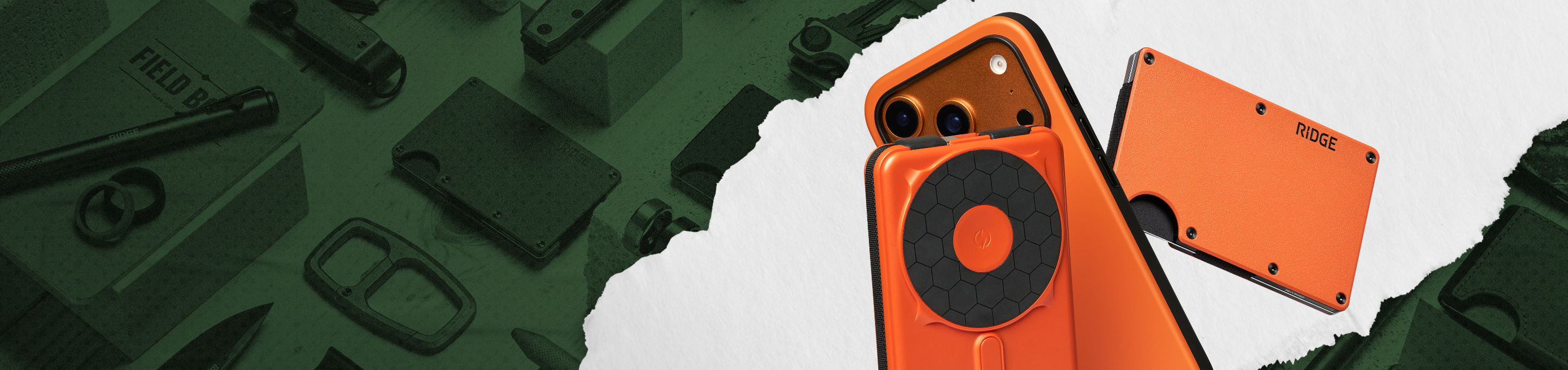 Orange phone case and accessory on a green background.