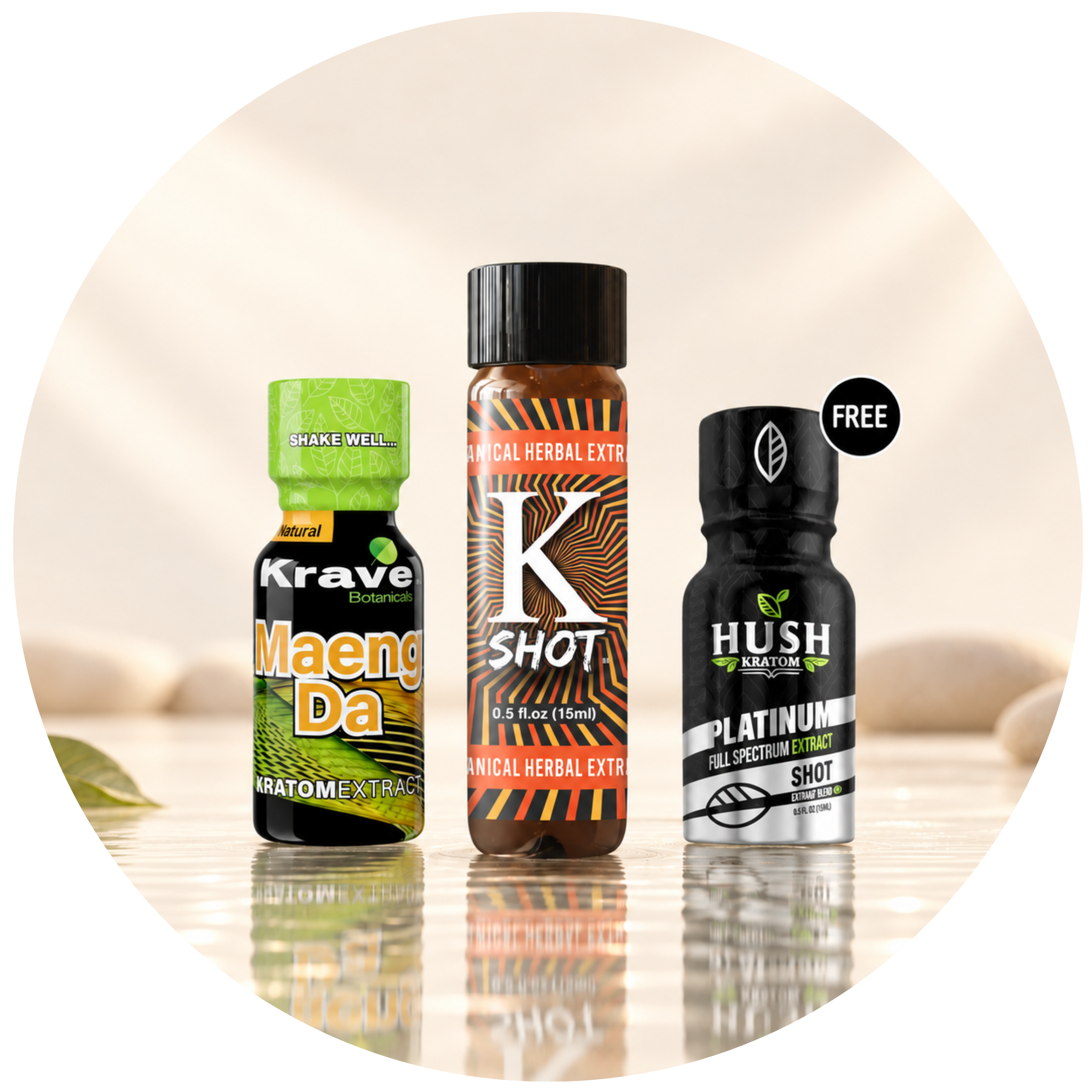 Three bottles of herbal shots on a neutral background.