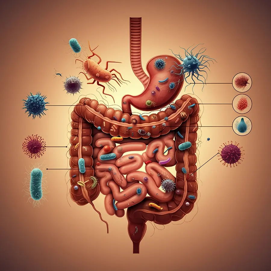 Illustration of beneficial microorganisms within the intestine.