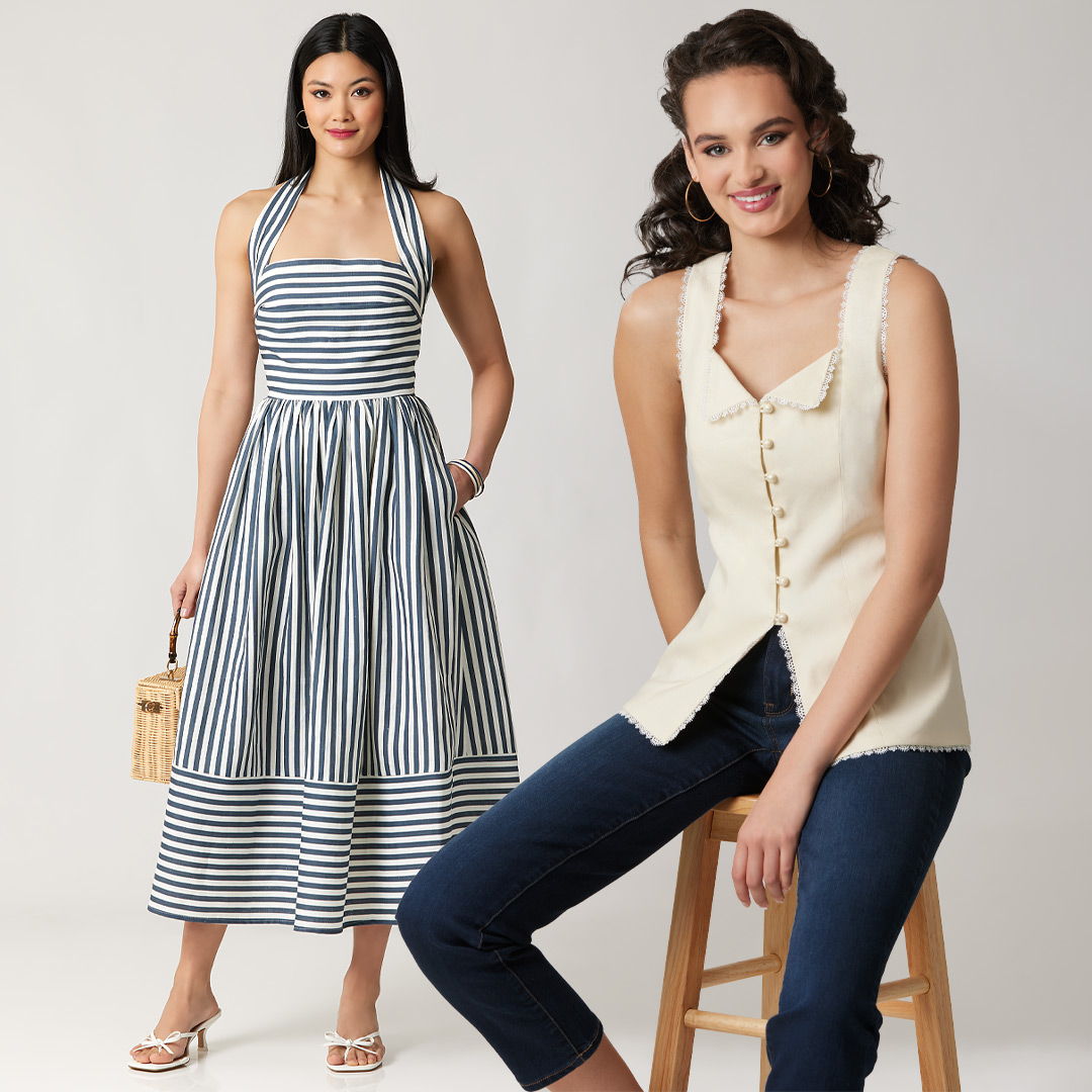 Two women modeling summer outfits, one in a striped dress and one in a top.
