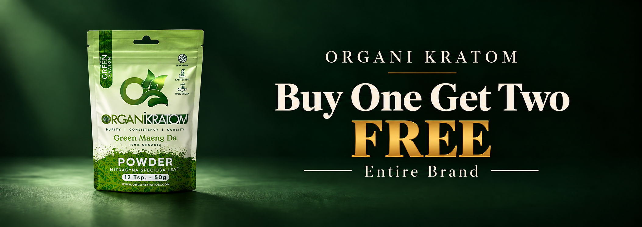 Organik Kratom promotional banner: Buy One Get Two Free.