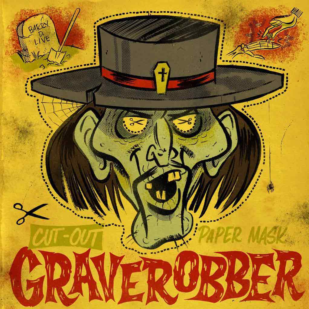 Grave robber drawing with free handed lettering above grave robber title
