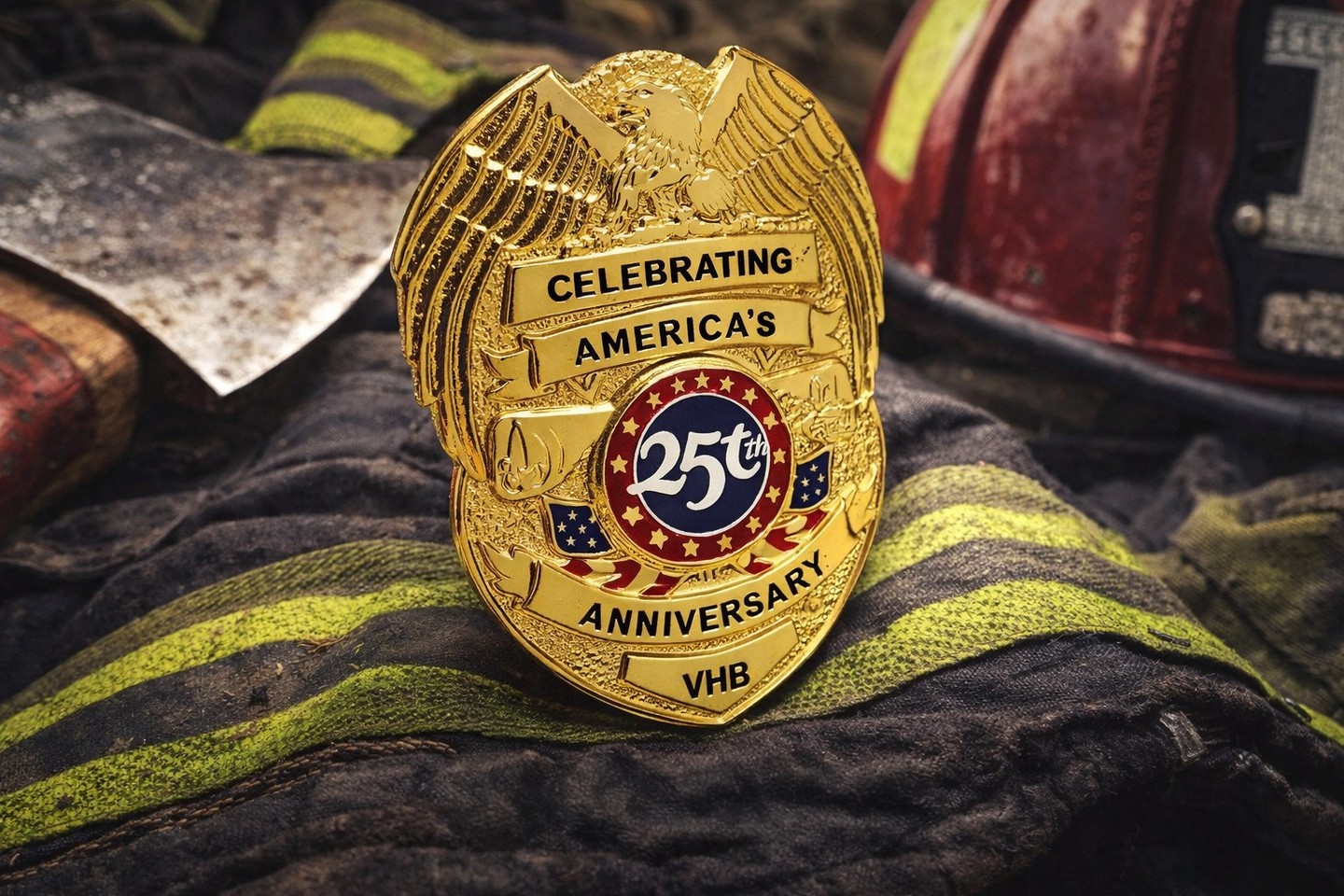 A golden badge celebrating America's 25th anniversary on firefighter gear.