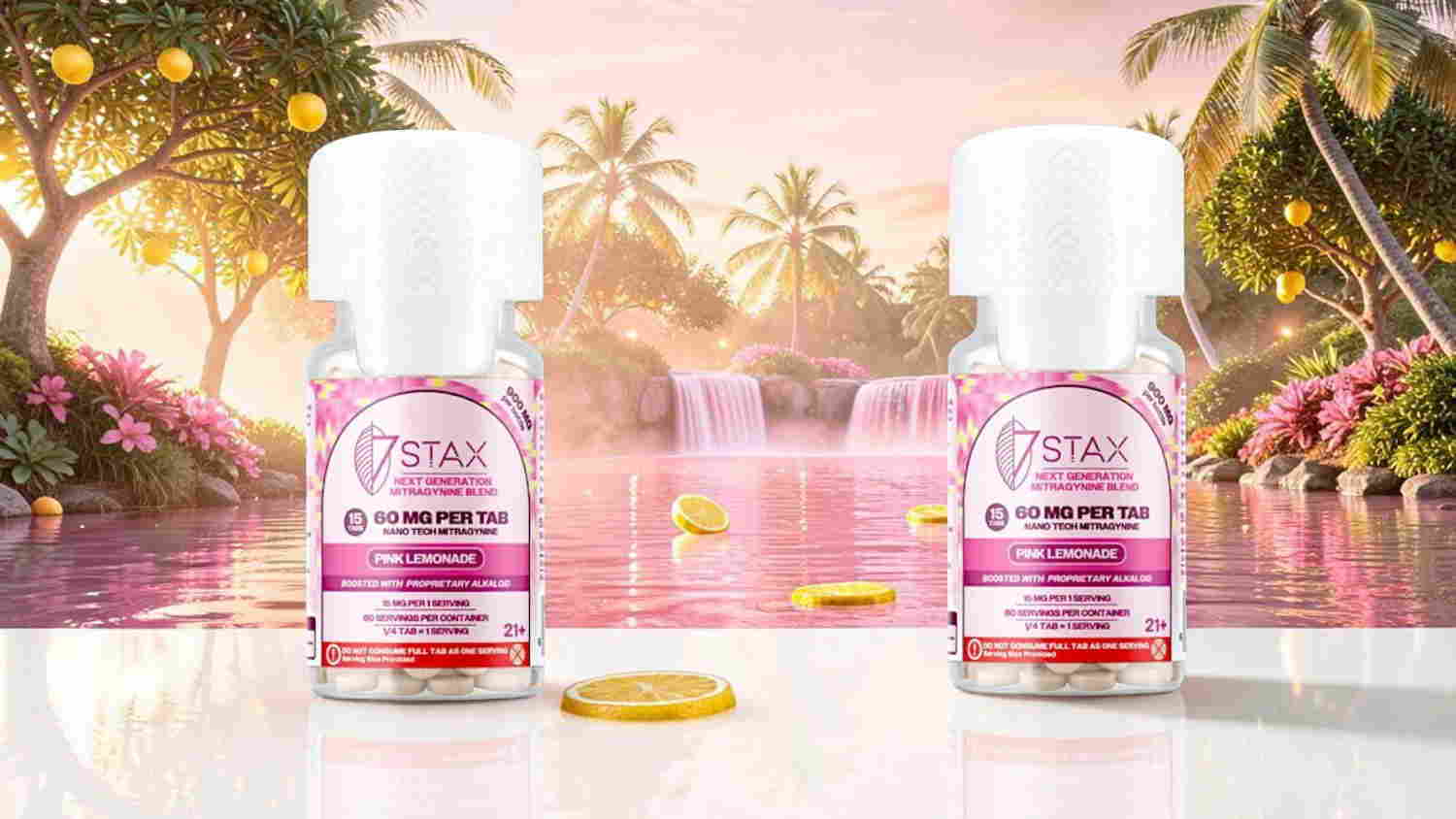 Bottles of beauty product in a serene tropical setting with waterfalls.