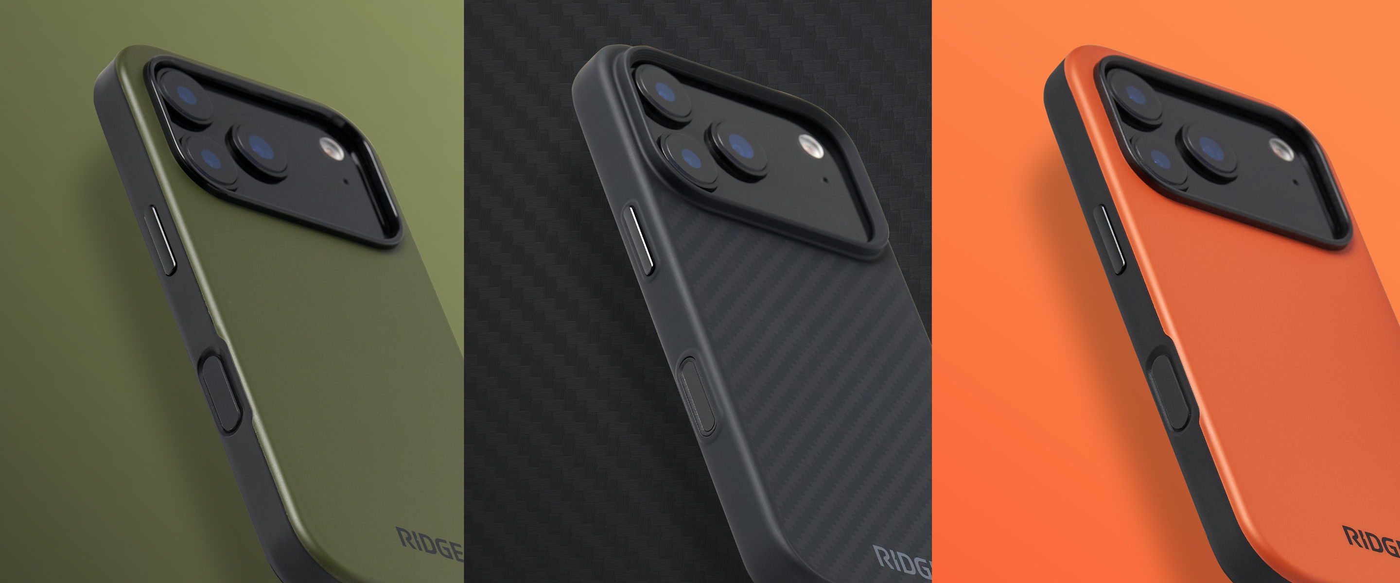 Three smartphone cases in olive green, black, and orange colors.