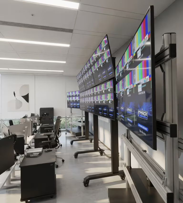 A modern control room with multiple screens and office equipment.
