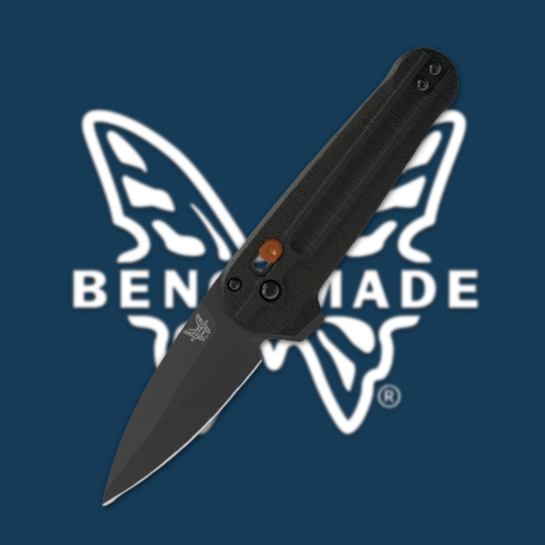 Black folding knife with Benchmade logo in the background.