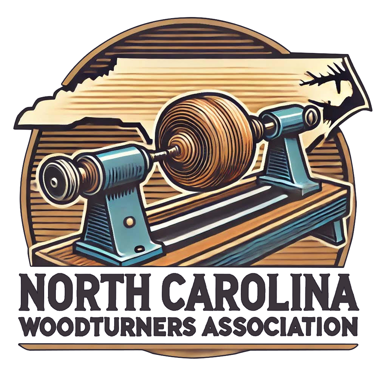 Logo of North Carolina Woodturners Association featuring a lathe and state outline.