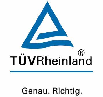 TÜV Rheinland Logo mit Schriftzug „Genau. Richtig.“ und blauem Dreieck-Symbol.