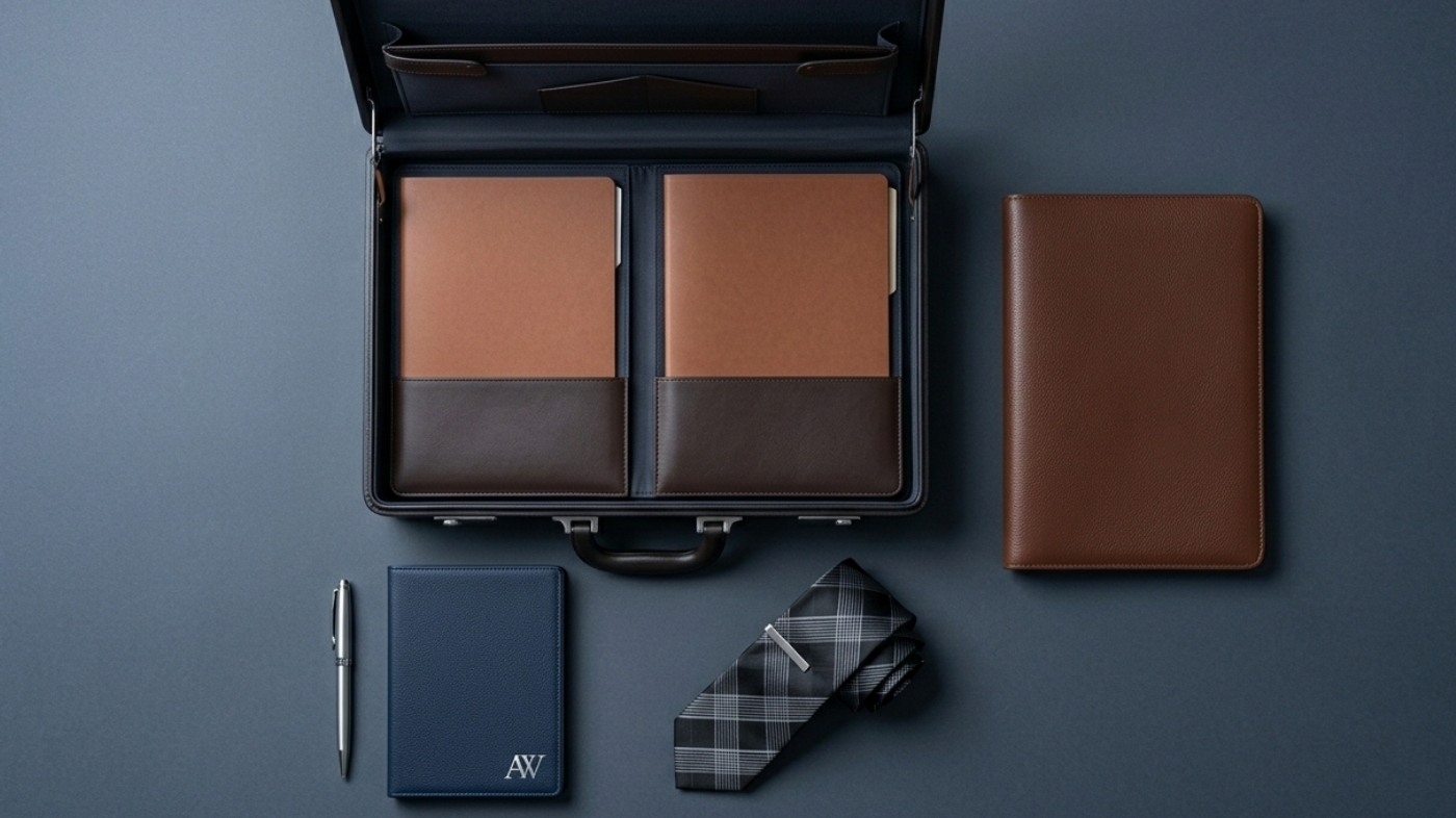 Artem Wing Tears of Themis cosplay attorney props flat lay with briefcase pen and notebook