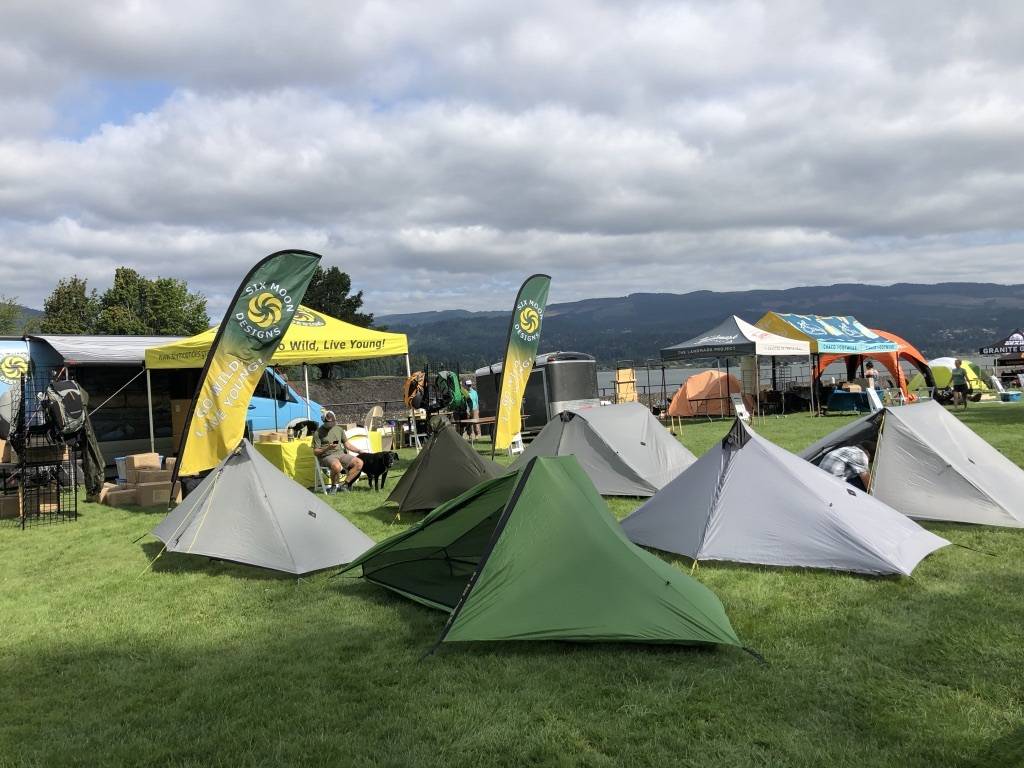 At PCT Days in Cascade Locks - Showing off our Shelters.