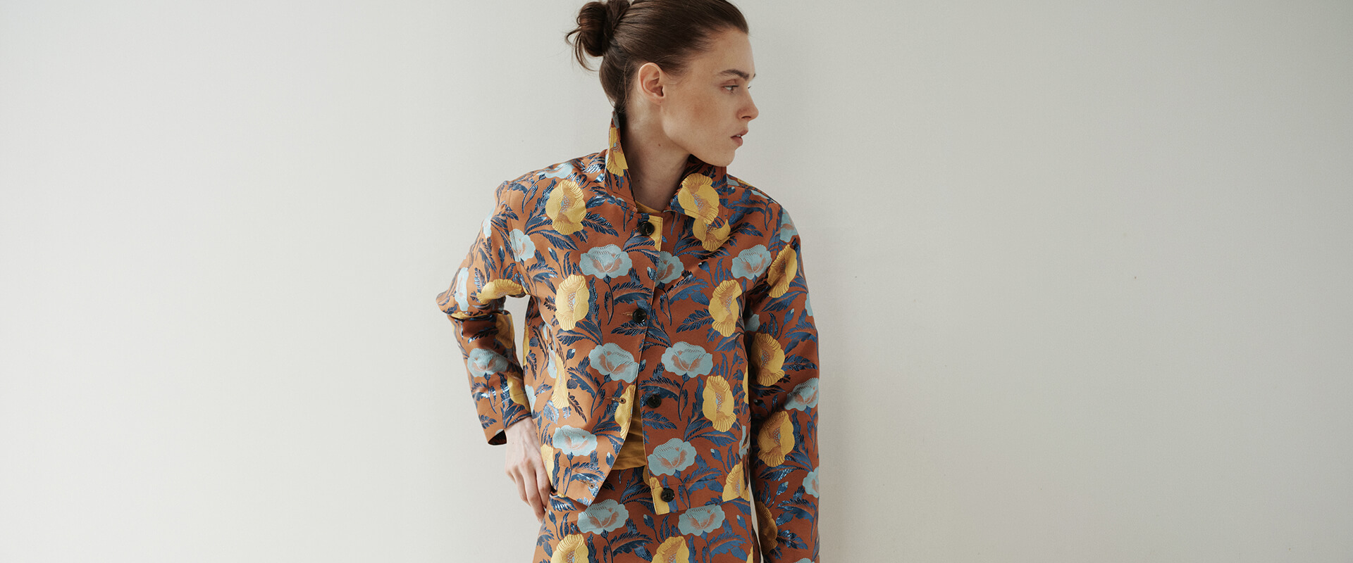 Woman with floral print coat on 