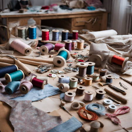 messy sewing room with fabric pieces, thread spools and bobbins on a craft table