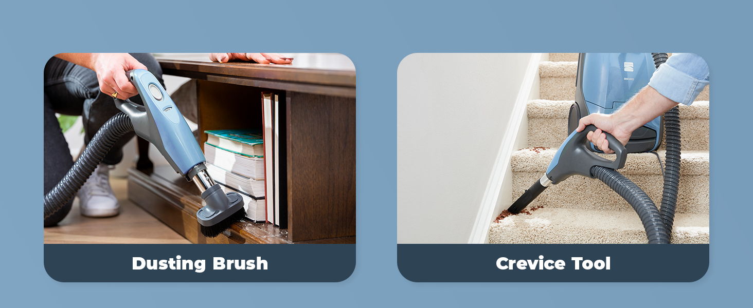 Cleaning tools: dusting brush and crevice tool for vacuuming.