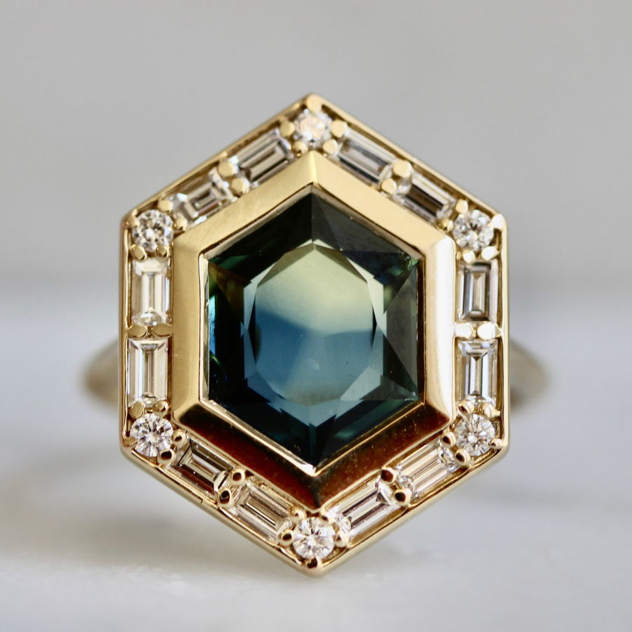 Green-Yellow Hexagon Cut Sapphire Ring in Bezel Setting