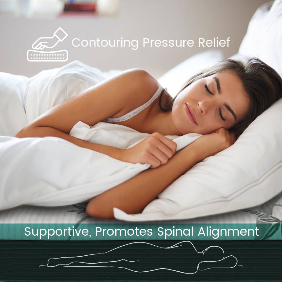 A woman laying in bed with contouring pressure relief that is supportive and promotes spinal alignment.