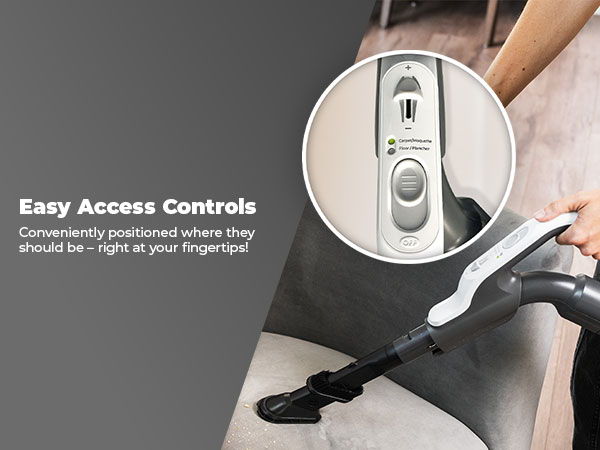 Vacuum cleaner with easy access controls highlighted for convenience.