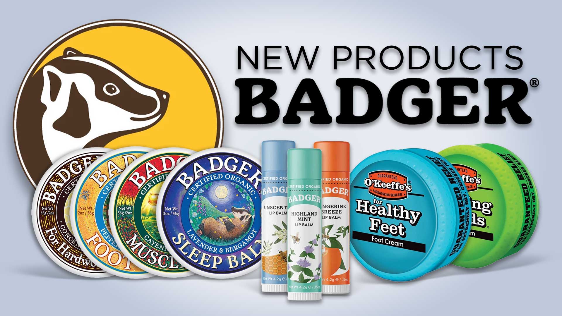 Badger brand new products displayed with logo and various containers.