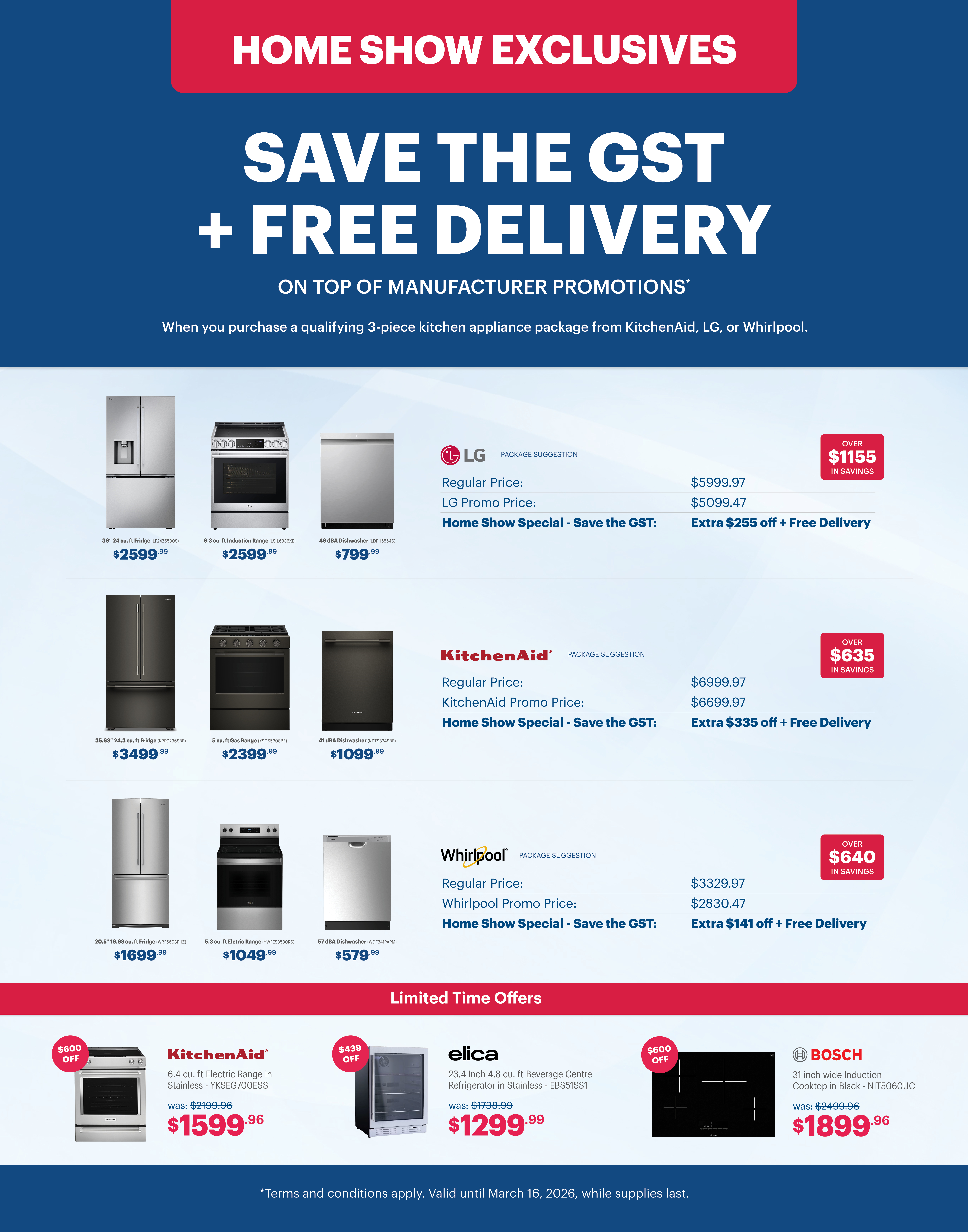 Promotional flyer for appliances with discounts and free delivery offers.