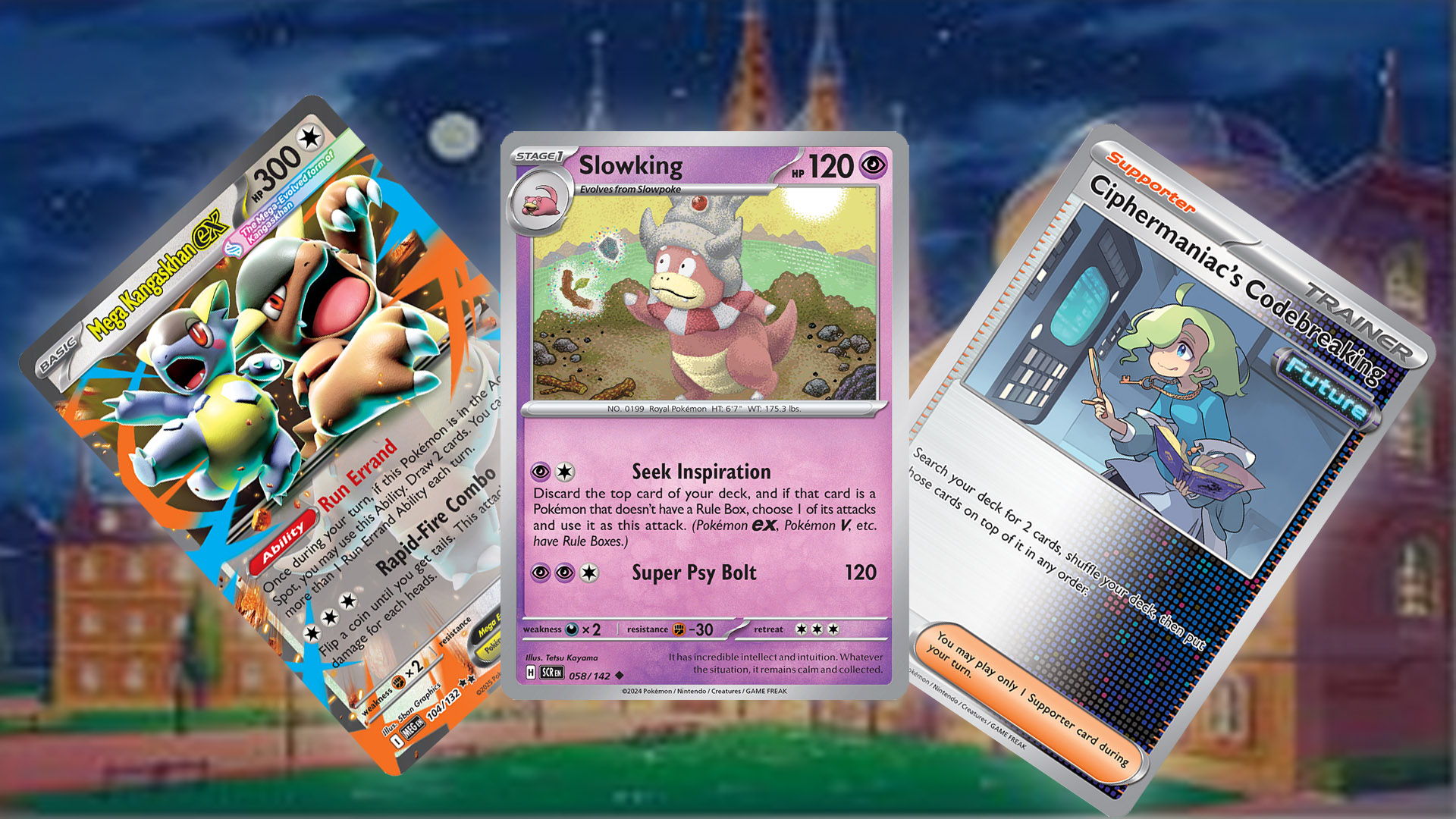 pokémon tcg competitive meta breakdown - Three Pokémon TCG cards, Slowking, Mega Kangaskhan ex, and Ciphermaniac's Codebreaking.