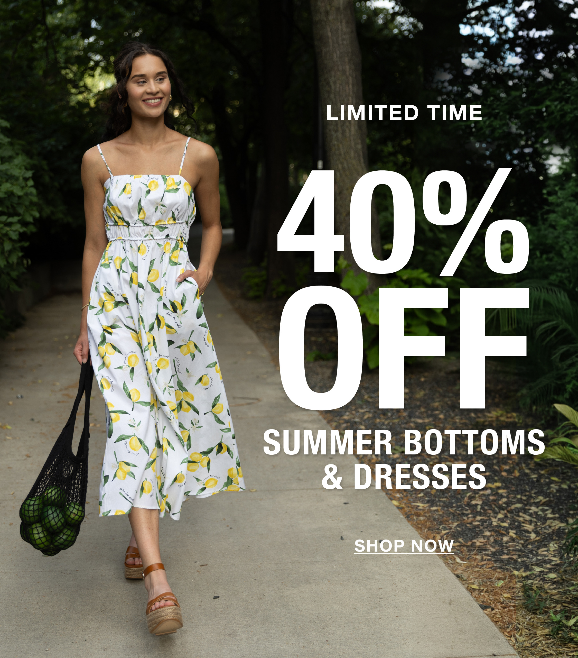 Woman in a floral dress promoting 40% off summer apparel.